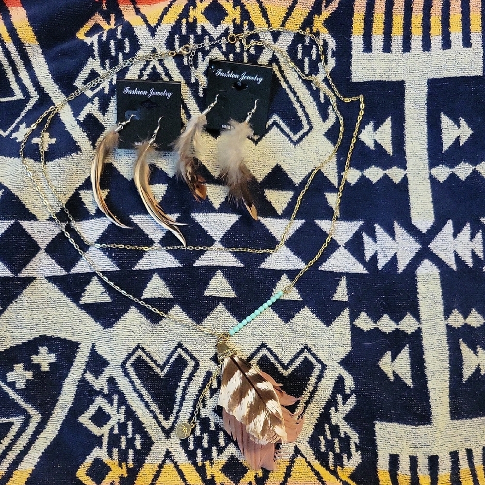 Boho Feather Jewelry Set with Gold Chain